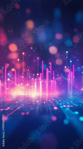 Pink and purple glowing financial chart bars rising on futuristic circuit board background representing growth and success