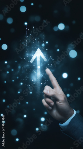 Hand of businessman pointing glowing upward arrow on dark background, concept of business growth and success