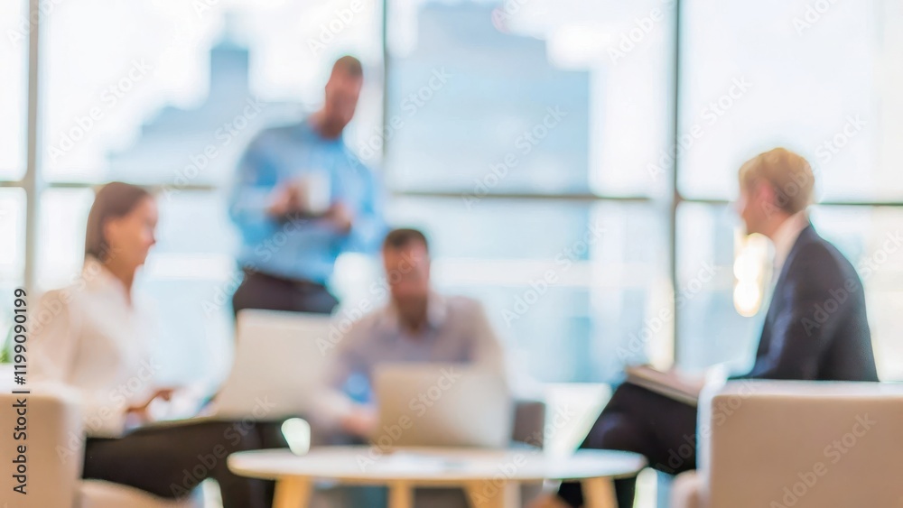 Business Team in Modern Office: A blurred image of a business team collaborating in a contemporary office setting.	
