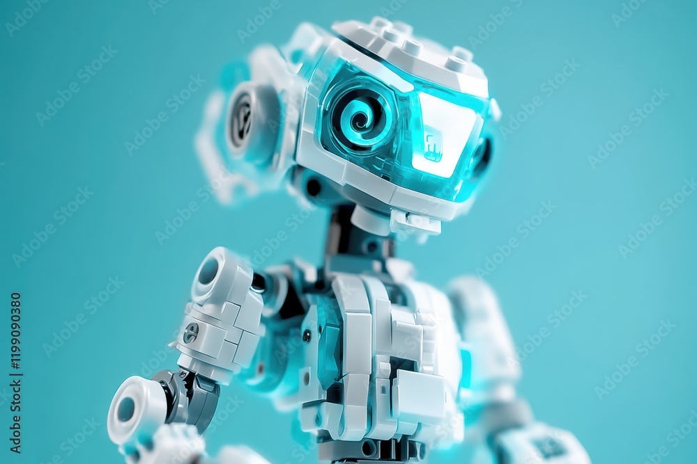 Innovative robotic figure with glowing blue accents on a bright teal background Innovative robotic figure with glowing blue accents on a bright teal background