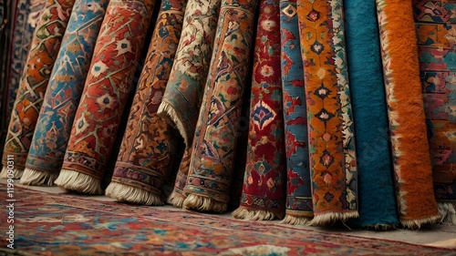 Variety of the gorgeous oriental carpets in traditional carpet store in Middle East.