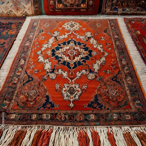 Variety of the gorgeous oriental carpets in traditional carpet store in Middle East.