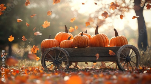 A wooden wagon filled with pumpkins in a field of fallen autumn leaves