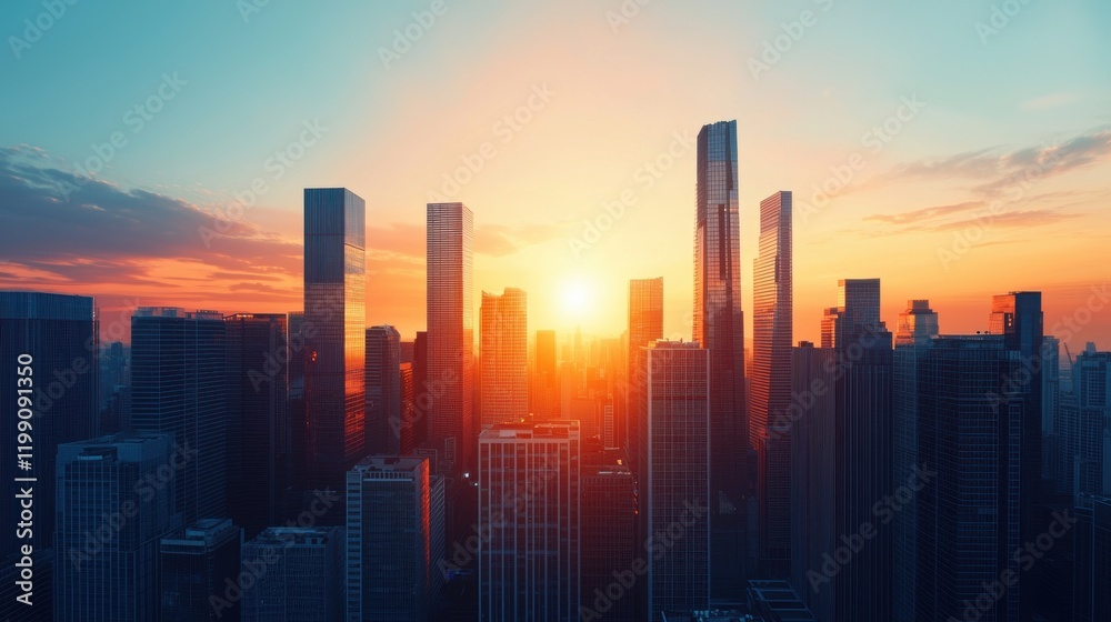 Fototapeta premium Economic Growth concept. Glowing Skyline of a Financial Metropolis at Sunrise