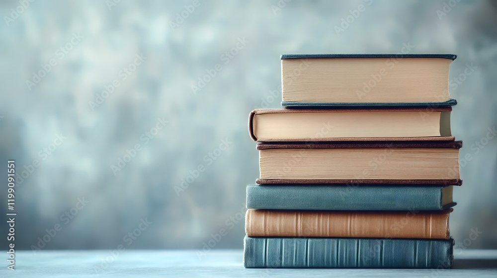 Stacked books on table, textured background, study, education Stacked books on table, textured background, study, education