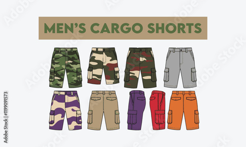 Modern Vector illustration of cargo shorts, Modern Short pants outlines drawing vector, Modern short pants in a sketch style, training template outline, vector Illustration, easily editable.