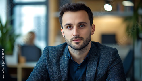 A confident young businessman in a modern office setting, with a focused and professional demeanor.