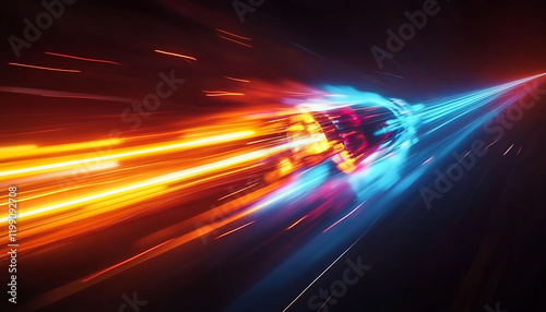 High-speed light trails in fiery orange and cool blue tones streak across a dark background, evoking energy, speed, and futuristic motion. background photo