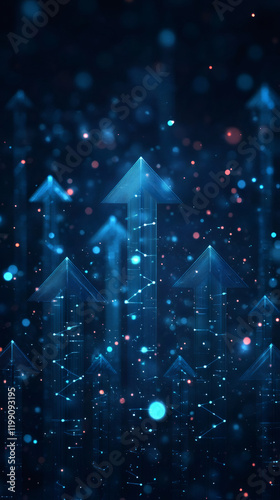 Multiple glowing blue arrows pointing upwards on a dark blue background, symbolizing growth, success, and progress
