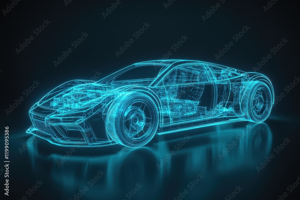 Naklejka premium Futuristic Blueprint of a High-Performance Sports Car in Neon Blue Glow on Dark Background, Showcasing Advanced Automotive Engineering and Design Concepts