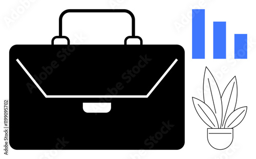 Briefcase, bar chart, and potted plant. Ideal for business, productivity, growth, professionalism, corporate environment office decor and work-life balance metaphors. Flat abstract line metaphor