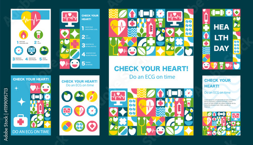Big Medical Poster Pack. Heart Health and Cardiology Banners with Patterns in a modern illust