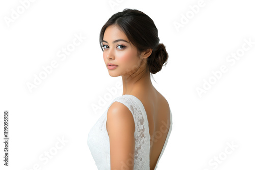 Elegant bride in a lace wedding dress, looking over shoulder, isolated on transparent background