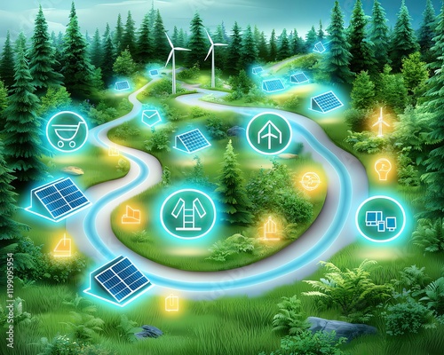 Chimate Change Action Sustainable energy icons on a green landscape path. photo