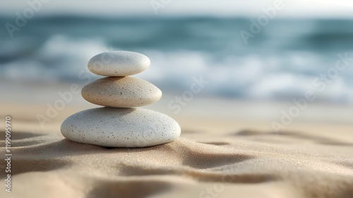 Balanced stones on beach sand, ocean waves background; zen, serenity, calm
