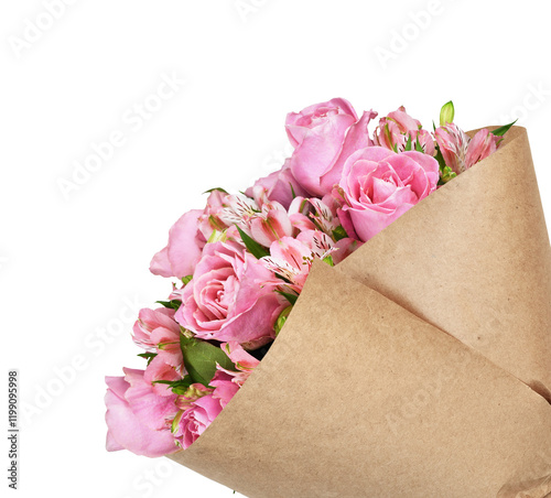 Bouquet of pink flowers (roses, alstroemeria) in craft paper wrapping cornet isolated on white or transparent background