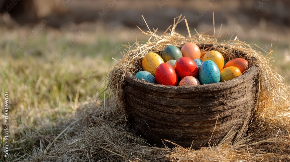 A basket of colorful Easter eggs nestled in a bed of hay, ready for the Easter celebration to begin A basket of colorful Easter eggs nestled in a bed of hay, ready for the Easter celebration to begin