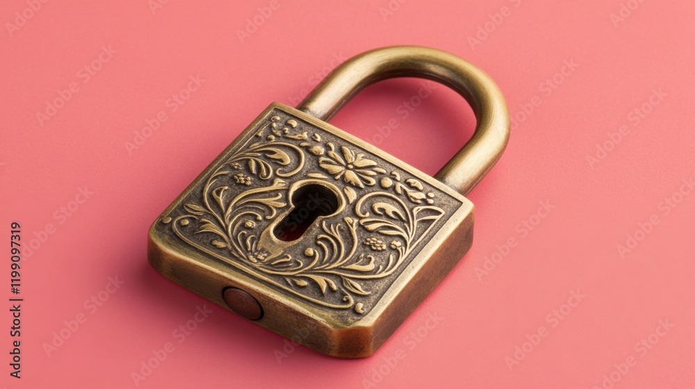 A brass padlock with engraved details on a gradient red background, stylish and elegant A brass padlock with engraved details on a gradient red background, stylish and elegant