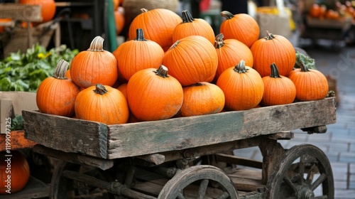 A Rustic Wooden Cart Overflowing with Ripe Pumpkins photo