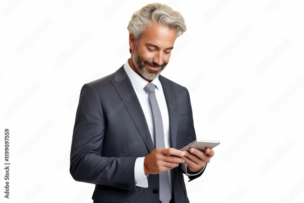 Happy mature businessman in suit using smartphone, typing message or browsing internet on white background Happy mature businessman in suit using smartphone, typing message or browsing internet on white background