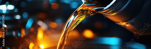 Golden motor oil is being poured into a car engine. The mechanical components are partially visible in the background, illuminated by warm lighting, creating an industrial yet focused environment