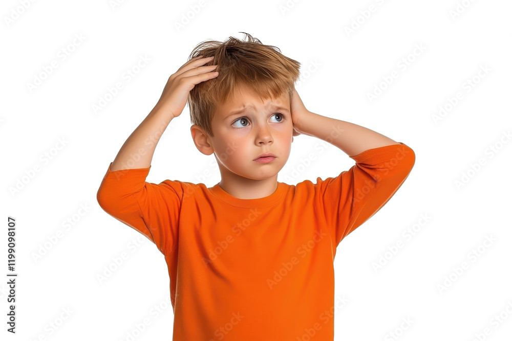 Little boy holding head in confusion, isolated on transparent background Little boy holding head in confusion, isolated on transparent background