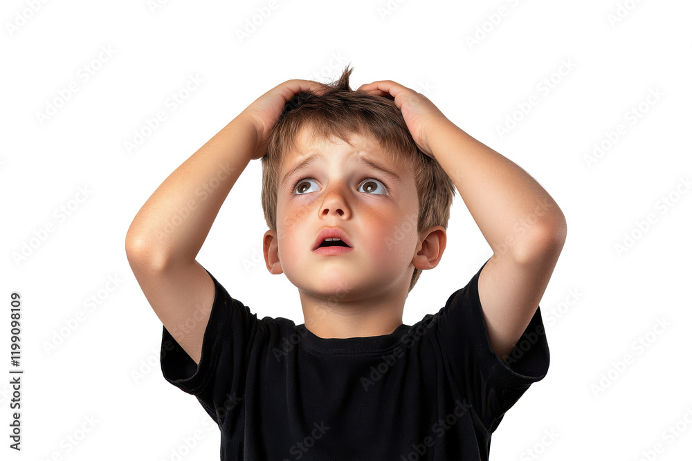 Little boy holding head in confusion, isolated on transparent background Little boy holding head in confusion, isolated on transparent background