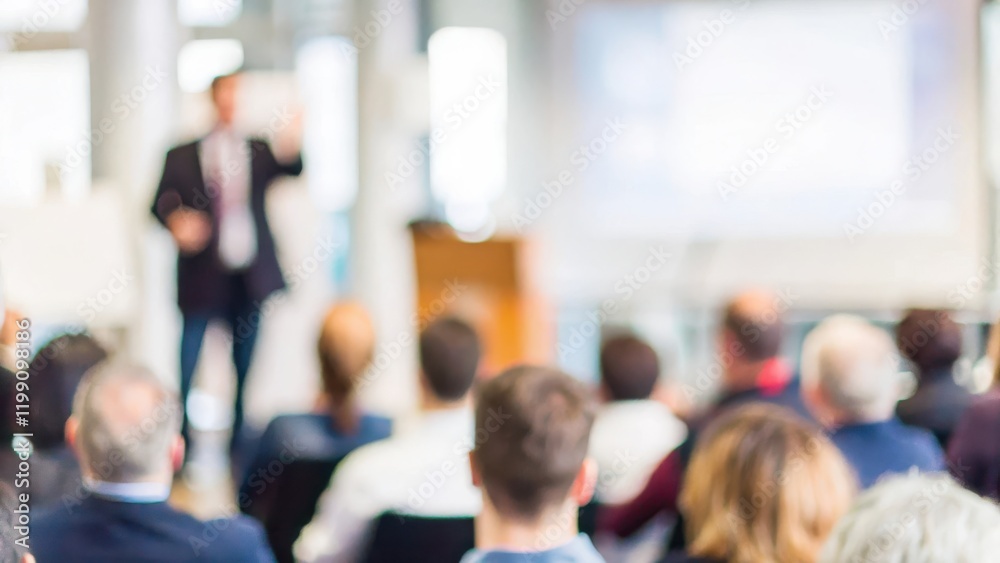Obraz premium Business Conference Crowd – A blur of attendees at a business conference with a keynote speaker. 