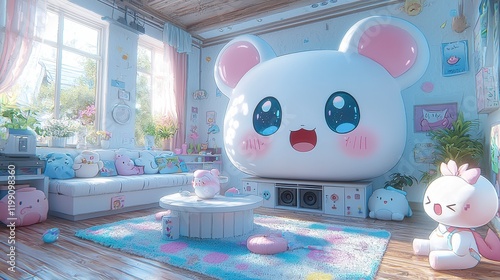 Sunny room with giant cute cartoon mouse head, pastel furniture, toys, and plants.