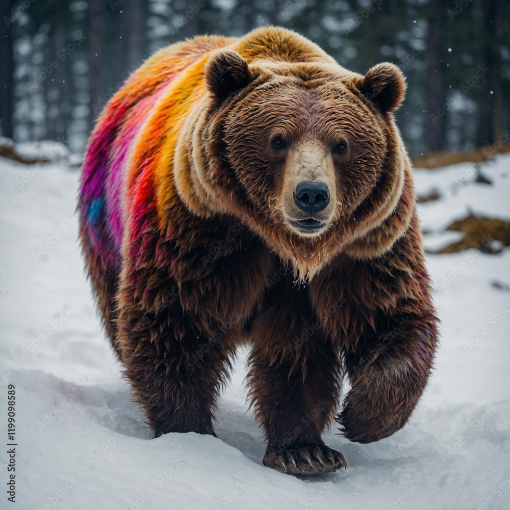 Obraz premium A psychedelic bear with swirling colors on its fur, walking on a luminous white path.