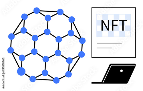 Network of blue nodes connected by black lines, digital NFT certificate, and black laptop. Ideal for blockchain, NFTs, technology, digital assets, innovation networks decentralization. Simple