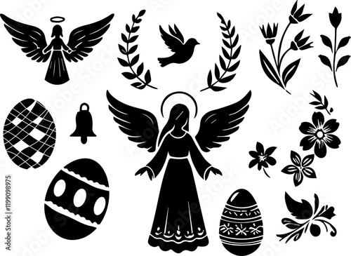 set of silhouettes of flowers and an angel