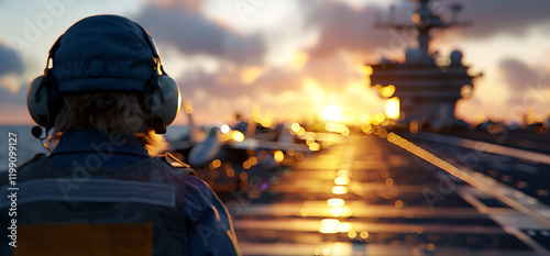 Silhouette of a person wearing headphones on an aircraft carrier at sunset.