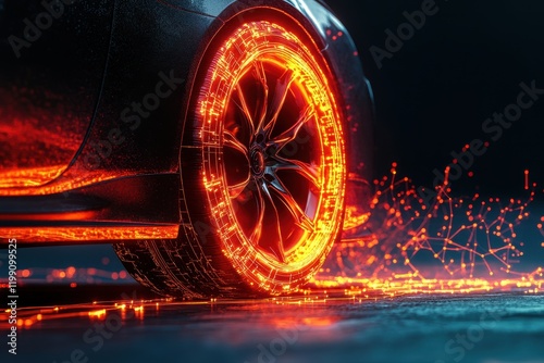 Futuristic Car Wheel Glowing with Digital Energy and Sparks in a High-Tech Environment, Representing Innovation and Technology in the Automotive Industry