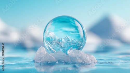 Water bubble rests on sparkling ice in serene aquatic environment
