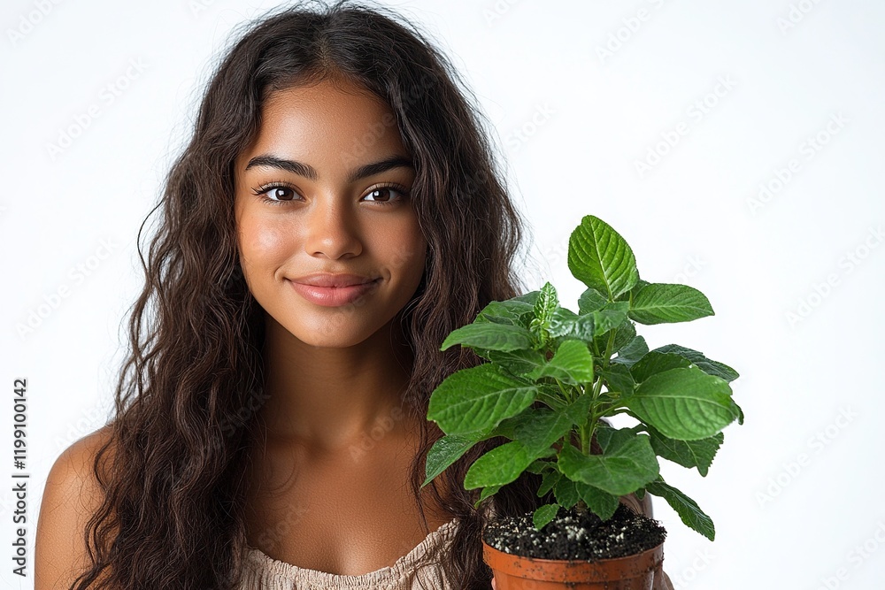 A smiling woman holds a potted plant, showcasing a connection to nature and gardening. A smiling woman holds a potted plant, showcasing a connection to nature and gardening.