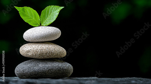 Stacked stones with green leaves symbolizing balance and serenity in nature
