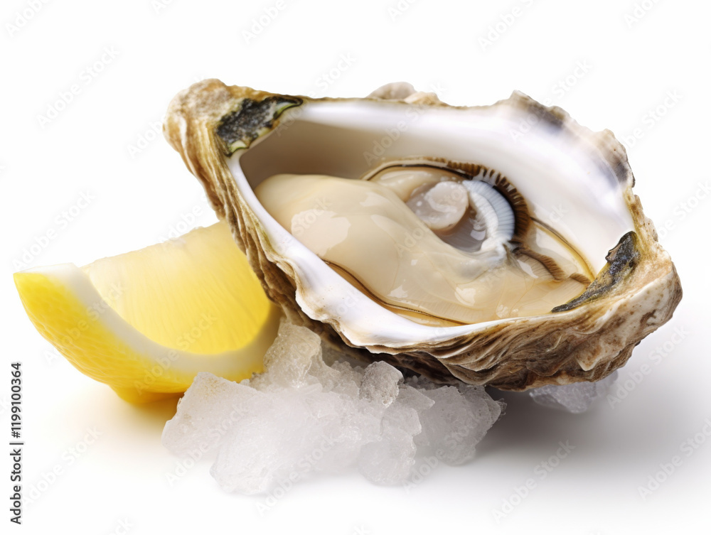 Naklejka premium Fresh oyster on ice with lemon slice ready to be served