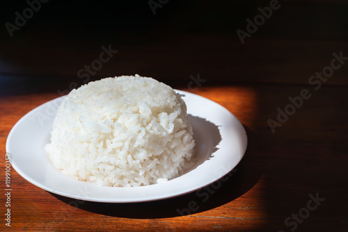 Steamed rice on white plate in sunlight with shadow contrast.