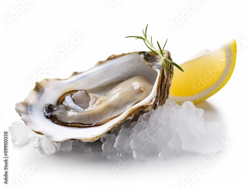 Fresh oyster delicately arranged on ice with a lemon wedge for flavor