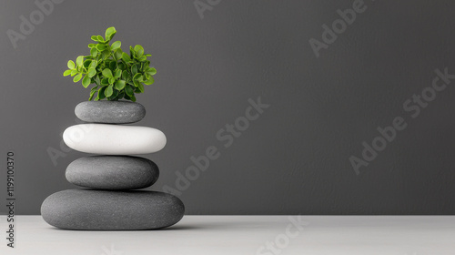 Stacked stones with greenery on a simple grey background for minimalist decor
