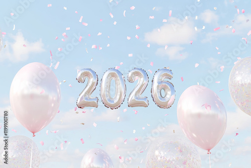 Celebratory balloons and confetti marking the arrival of 2026