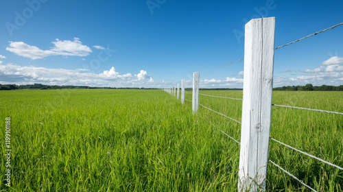 Expansive green field with white fence posts under a clear blue sky