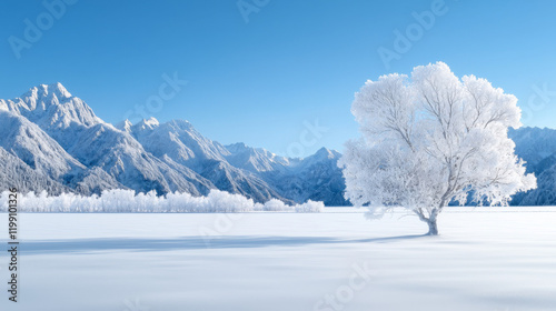 Snow-covered mountains and a solitary tree beneath a clear blue sky