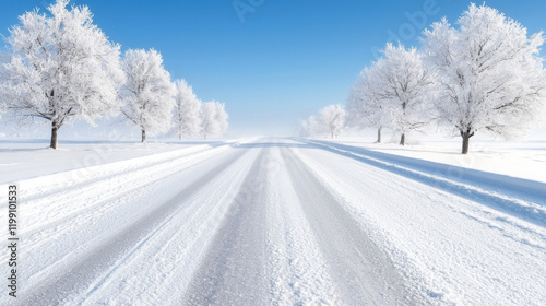 Snow-covered road lined with frosted trees under a clear blue sky