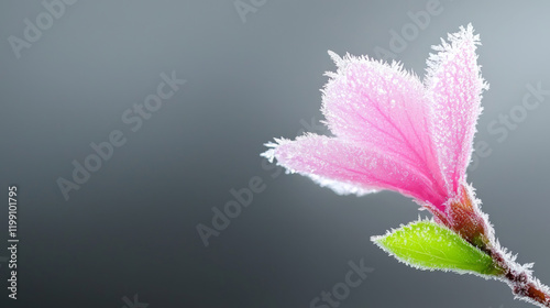 Pink flower covered in frost with delicate leaves in early morning light