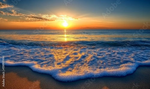 Gentle ocean waves gently lapping at the shore as the sun slowly dips below the horizon, serene ocean, soothing atmosphere