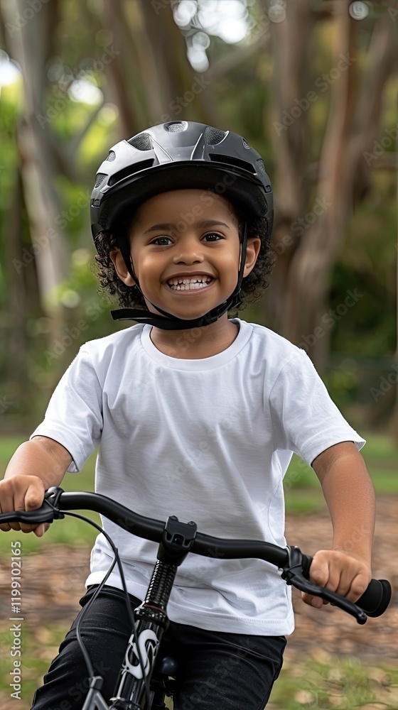 Obraz premium Bright sunlight illuminates a joyful child riding a bicycle in a park. Wearing a helmet and a big smile, this sporty kid enjoys an outdoor biking game, embracing play and excitement