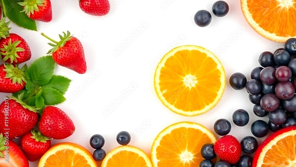 Set of fresh fruits and berries frame creating white background copyspace Set of fresh fruits and berries frame creating white background copyspace