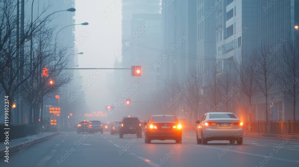 Fototapeta premium foggy city street with cars driving under traffic lights, creating mysterious atmosphere